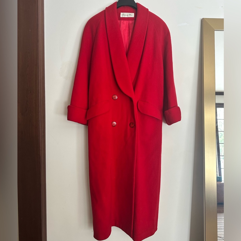 Red Dior Long Wool Coat with structured cuffs